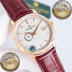 Vacheron Constantin wristwatch with burgundy leather strap, rose-gold case, white dial, movement insets