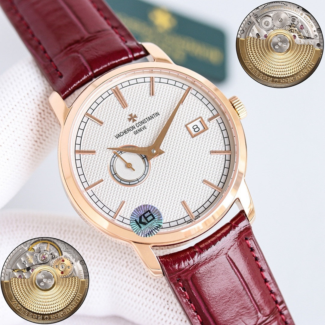 Vacheron Constantin wristwatch with burgundy leather strap, rose-gold case, white dial, movement insets