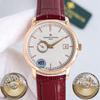 Vacheron Constantin wristwatch with burgundy leather strap, rose-gold case, white dial, date window