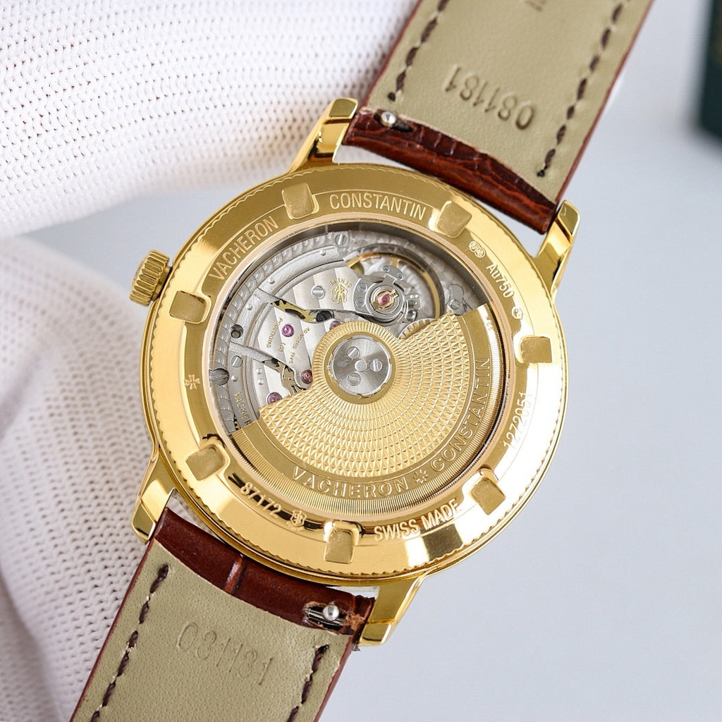 Vacheron Constantin watch caseback view with gold housing and exposed movement