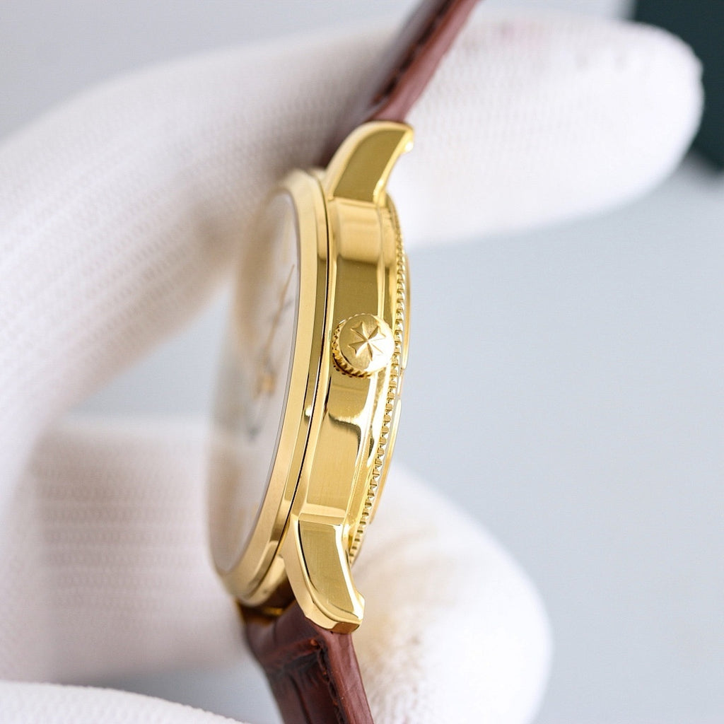 Vacheron Constantin watch with gold case side profile and dark brown leather strap