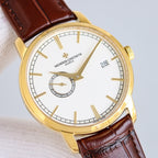 Vacheron Constantin watch with white dial, gold case, brown leather strap, date