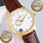 Vacheron Constantin watch with white dial and brown leather strap, showing movement details