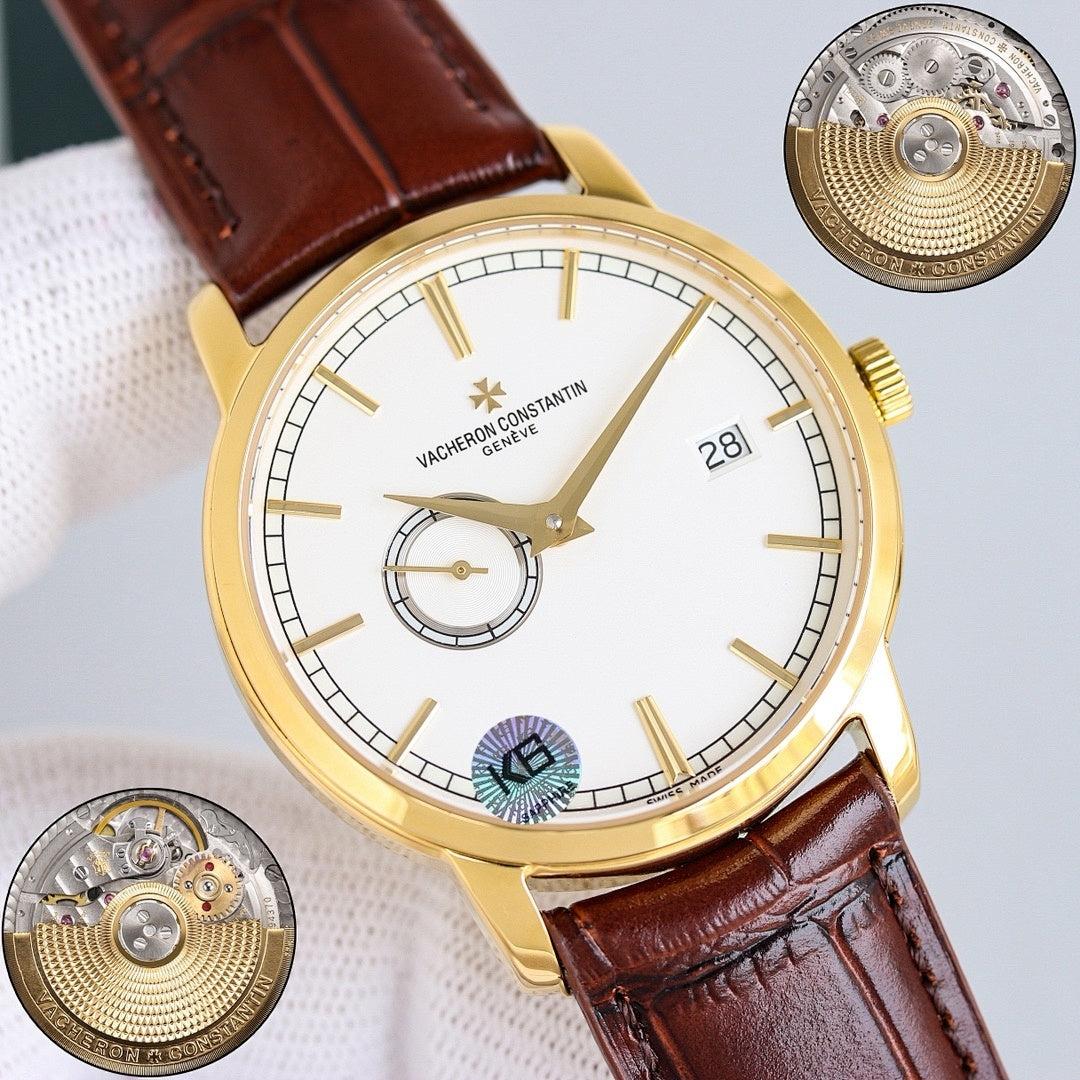 Vacheron Constantin watch with white dial and brown leather strap, showing movement details
