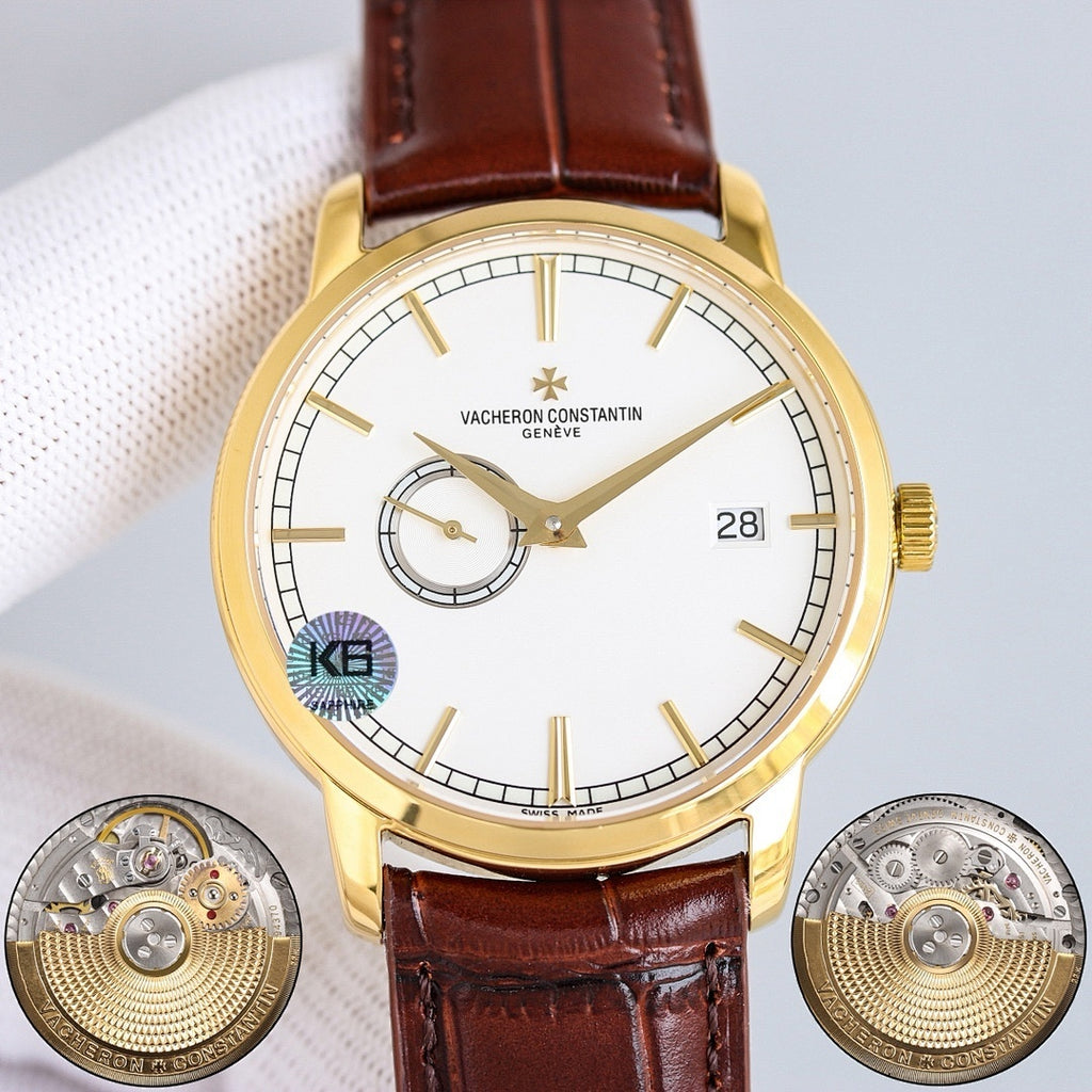 Vacheron Constantin watch with white dial, gold case, brown leather strap, date