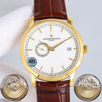 Vacheron Constantin watch with white dial, gold case, brown leather strap, date