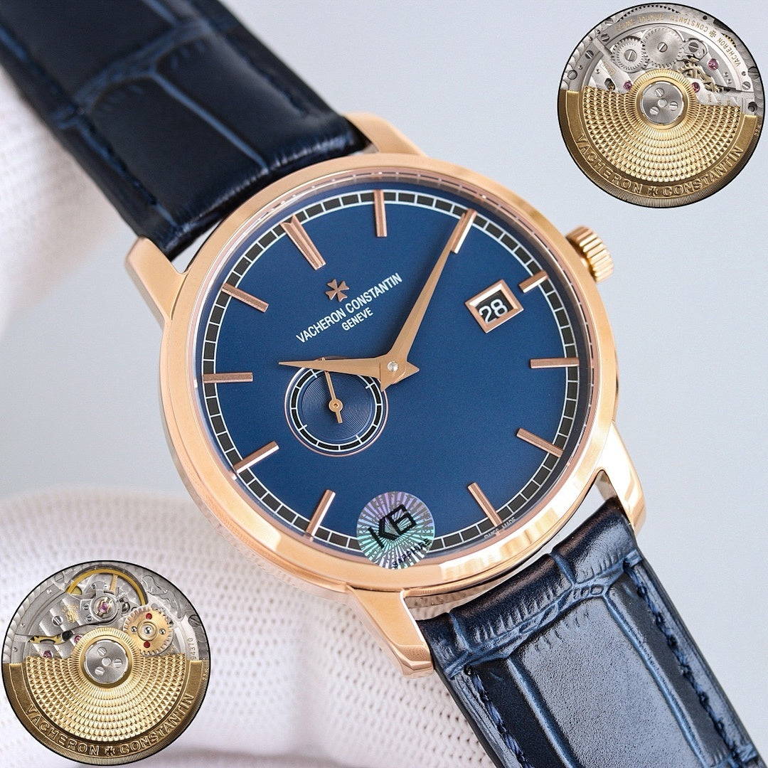 Vacheron Constantin watch with blue dial, gold case, dark blue leather strap, date