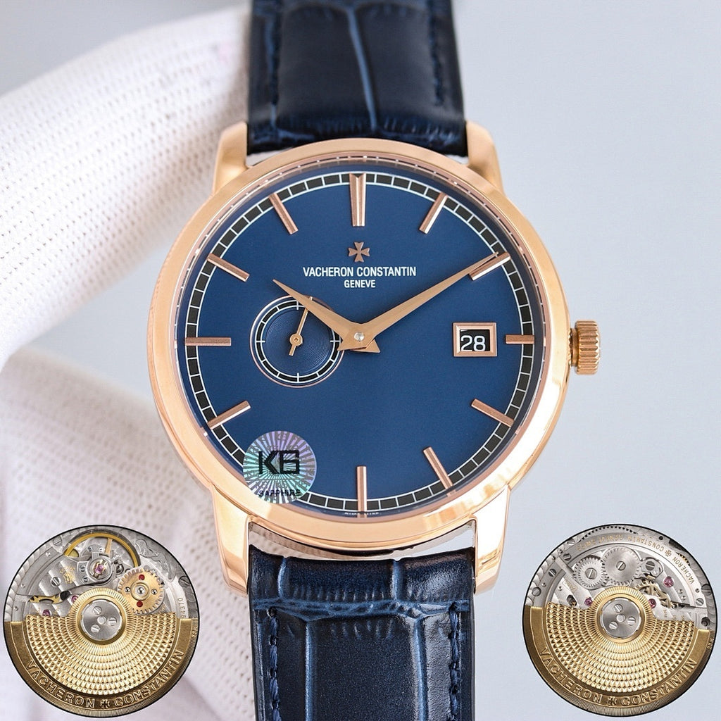 Vacheron Constantin watch with blue dial, gold case, dark blue leather strap, date