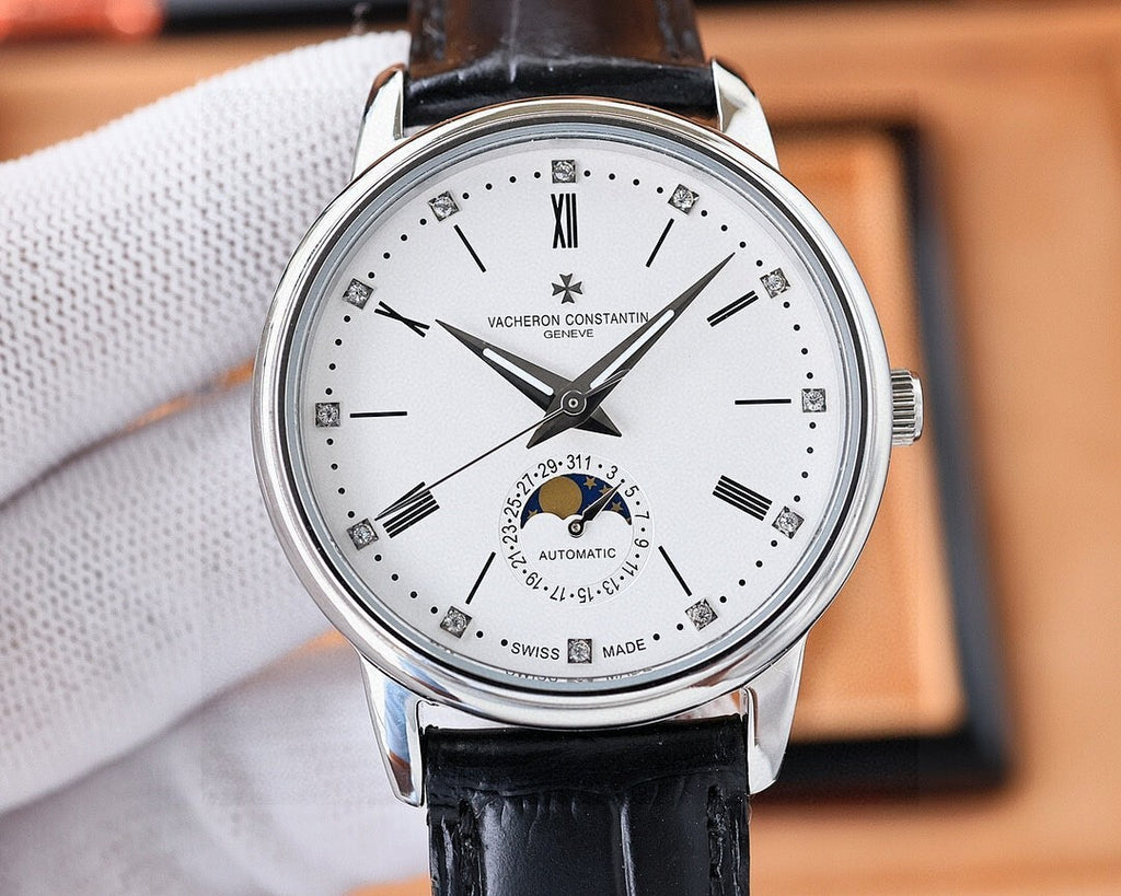 Vacheron Constantin watch with white dial, silver case, black leather strap, Roman numerals