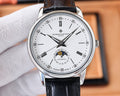 Vacheron Constantin watch with white dial, silver case, black leather strap, Roman numerals