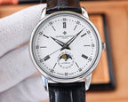 Vacheron Constantin watch with white dial, silver case, black leather strap, Roman numerals