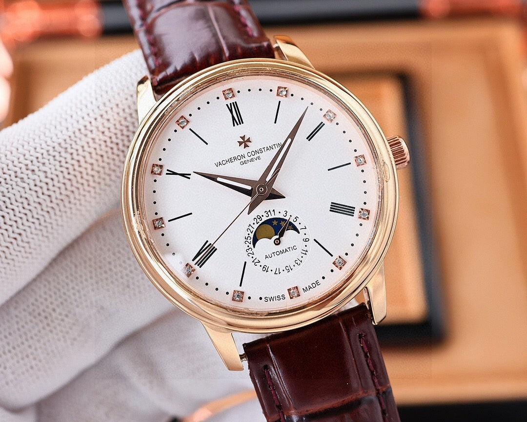 Vacheron Constantin watch with white dial, rose-gold case, brown leather strap