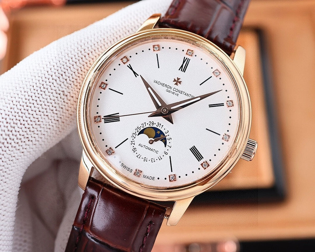 Vacheron Constantin watch with white dial, rose-gold case, brown leather strap and crown