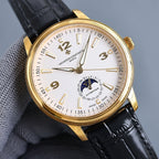 Vacheron Constantin watch front, white dial, gold markers, black leather strap