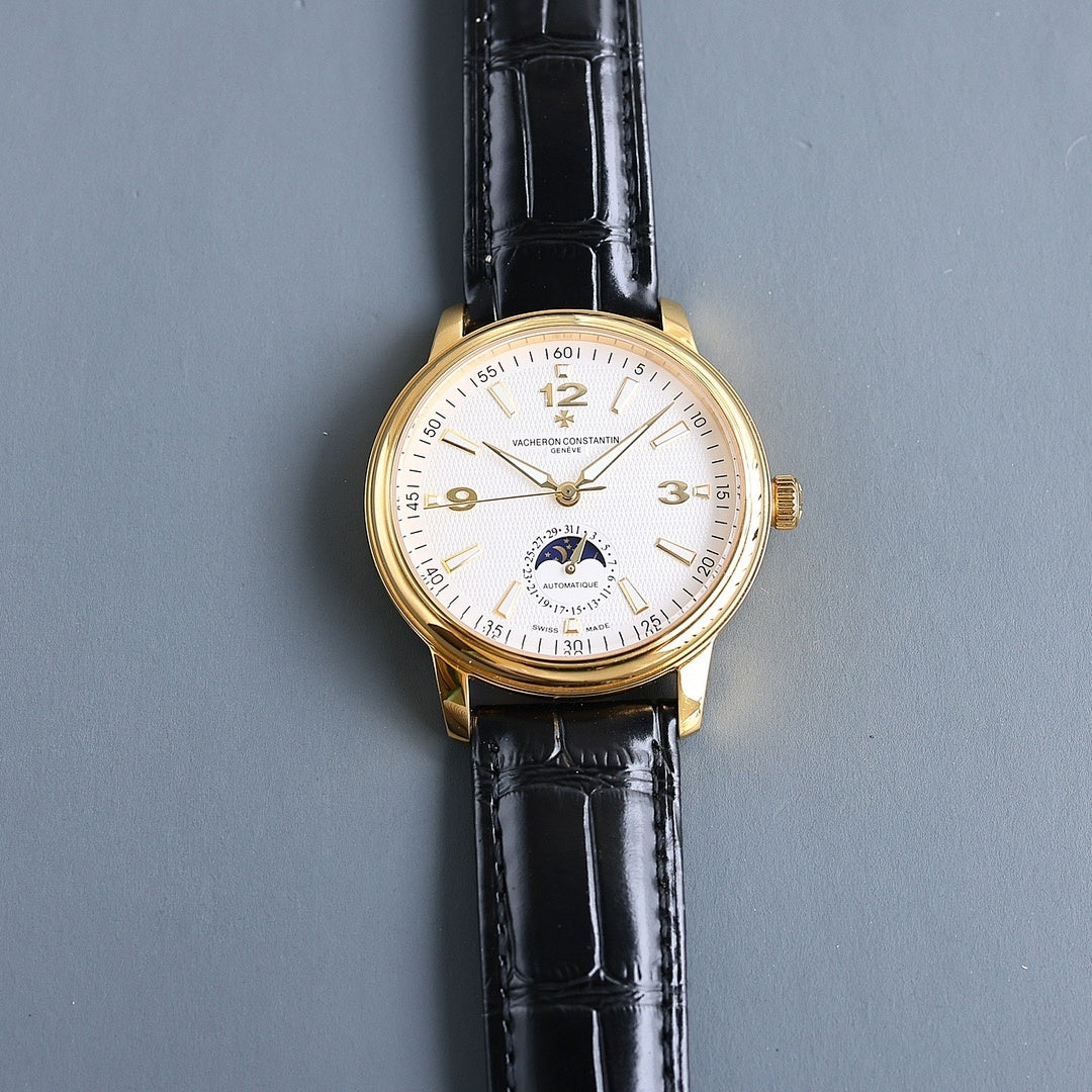 Vacheron Constantin watch front, white dial, gold case, black leather strap