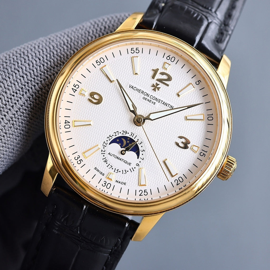 Vacheron Constantin watch, white dial with subdial, gold case, black leather strap