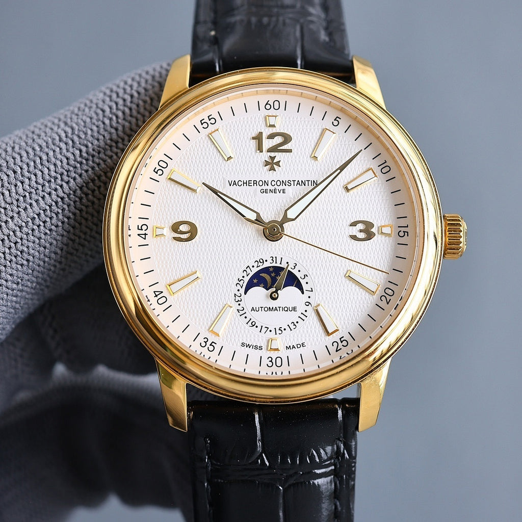 Vacheron Constantin watch front, white dial, gold case, black leather strap