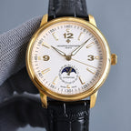 Vacheron Constantin watch front, white dial, gold case, black leather strap