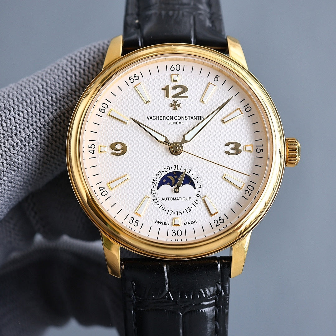 Vacheron Constantin watch front, white dial, gold case, black leather strap