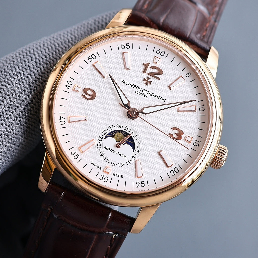 Vacheron Constantin watch front, white dial, gold case, brown leather strap