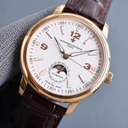 Vacheron Constantin watch front, white dial, gold case, brown leather strap