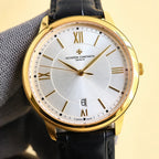 Gold-tone wristwatch with white dial, Roman numerals, date window, black leather strap.