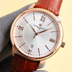 Rose gold-tone wristwatch with white dial, Roman numerals, red leather strap, gold crown.