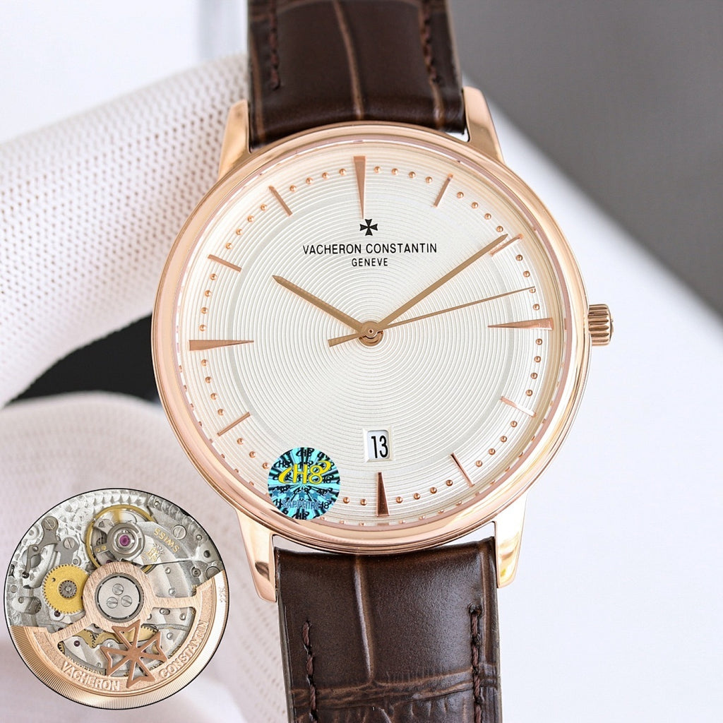 Vacheron Constantin wristwatch rose gold case with white dial, date 13, black strap