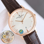 Vacheron Constantin wristwatch rose gold case with white dial, date 13, black strap
