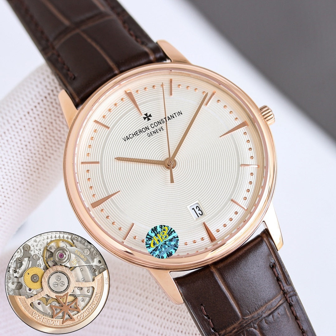 Vacheron Constantin wristwatch rose gold case with white dial, date 13, black strap