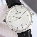 Vacheron Constantin wristwatch with silver case, white dial, date 31, black leather strap