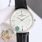 Vacheron Constantin wristwatch with white dial, black leather strap, steel case