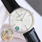 Vacheron Constantin wristwatch with white dial, black leather strap, steel case, date 31