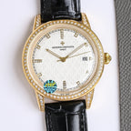 Gold-tone diamond bezel wristwatch with black leather strap, gold textured dial and date window