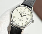 Analog wristwatch with black leather strap and white dial, baton markers and date at 26.