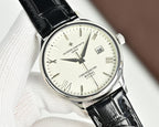 Analog wristwatch with black leather strap, white dial, baton markers and date window at 26.