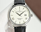 Analog wristwatch with black leather strap, white dial, baton hour markers, and date at 26.