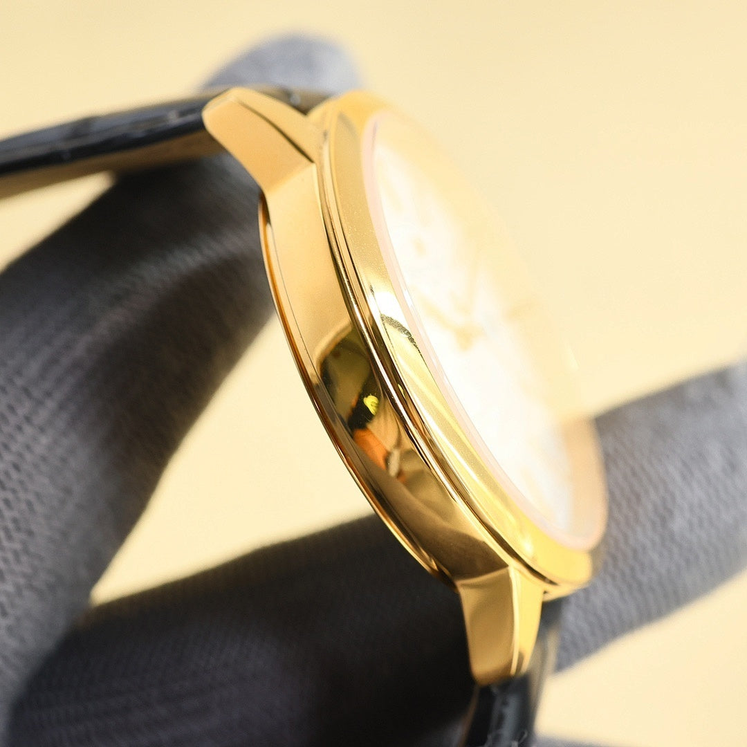 Gold wristwatch case profile with polished bezel and black leather strap