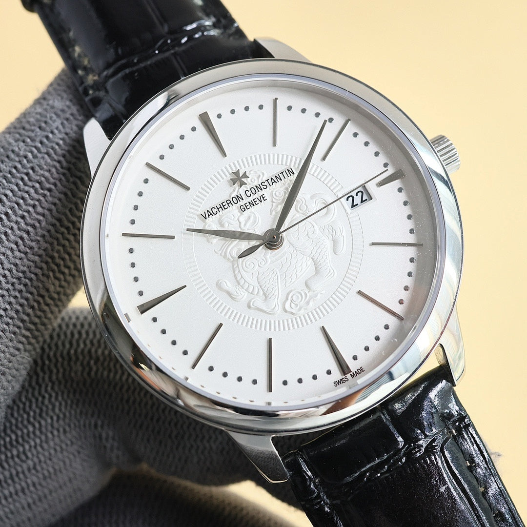 Steel wristwatch with white dial, baton markers, and black leather strap