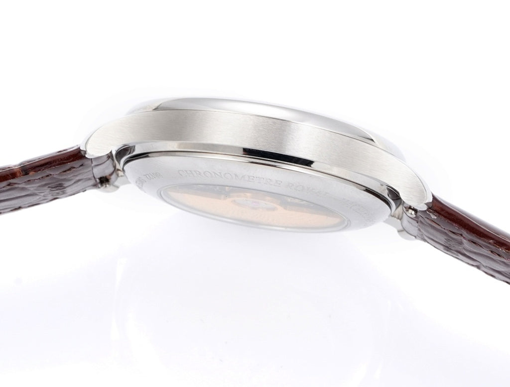 Vacheron Constantin wristwatch side profile with silver case and brown leather strap