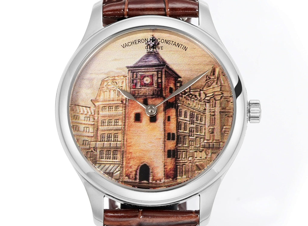 Vacheron Constantin wristwatch with brown leather strap and illustrated city dial, round silver case
