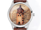 Vacheron Constantin wristwatch with brown leather strap and illustrated city dial, round silver case