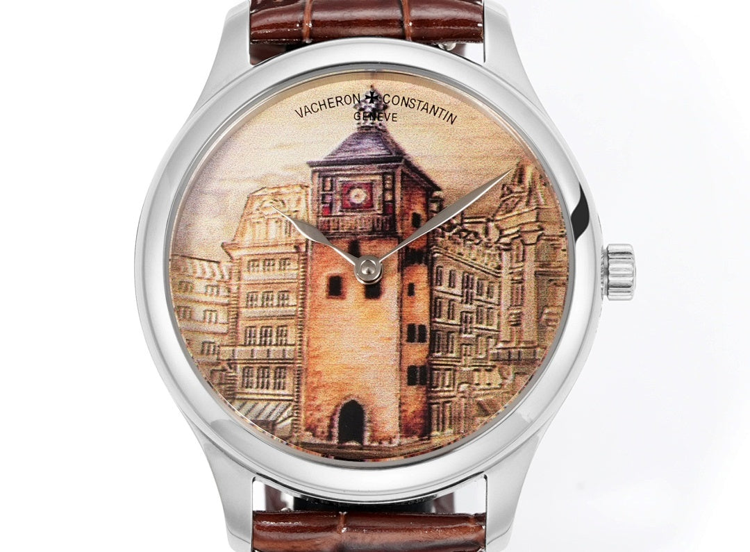 Vacheron Constantin wristwatch with brown leather strap and illustrated city dial, round silver case