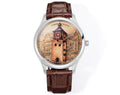Vacheron Constantin wristwatch with brown leather strap and round silver case, illustrated city dial