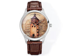 Vacheron Constantin wristwatch with brown leather strap and round silver case, illustrated city dial