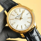 Vacheron Constantin gold wristwatch with white dial, black leather strap, date 7