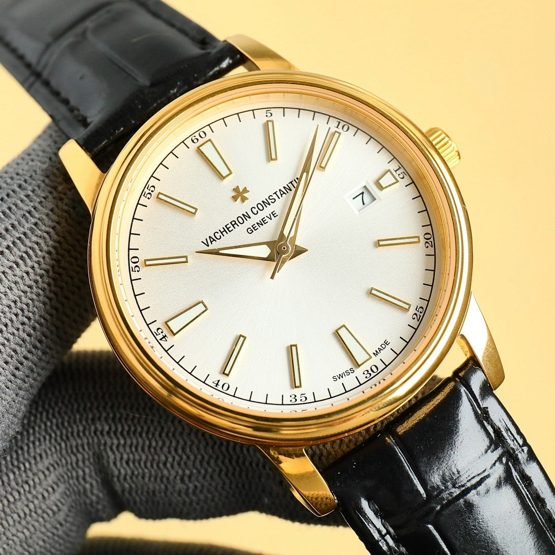 Vacheron Constantin gold wristwatch with white dial, black leather strap, date 7