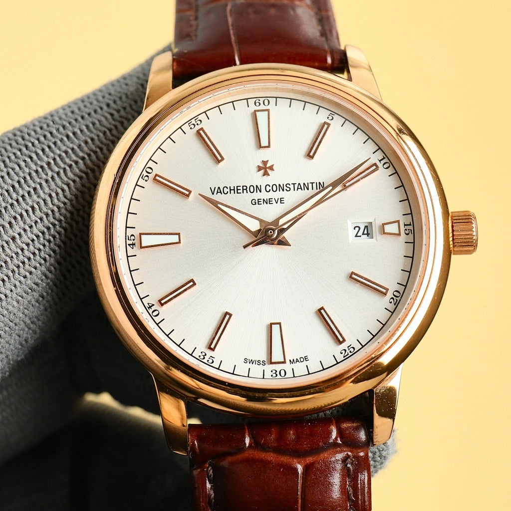 Vacheron Constantin gold wristwatch with white dial and brown leather strap, date 24