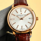 Vacheron Constantin gold wristwatch with white dial and brown leather strap, date 24