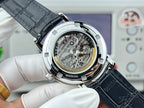 Vacheron Constantin wristwatch open dial view with mechanical details, black leather strap